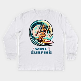 Wine Surfing funny t-shirt surfer woman in gorgeous bikini rides an ocean wave holding a wine bottle and a glass of wine Kids Long Sleeve T-Shirt